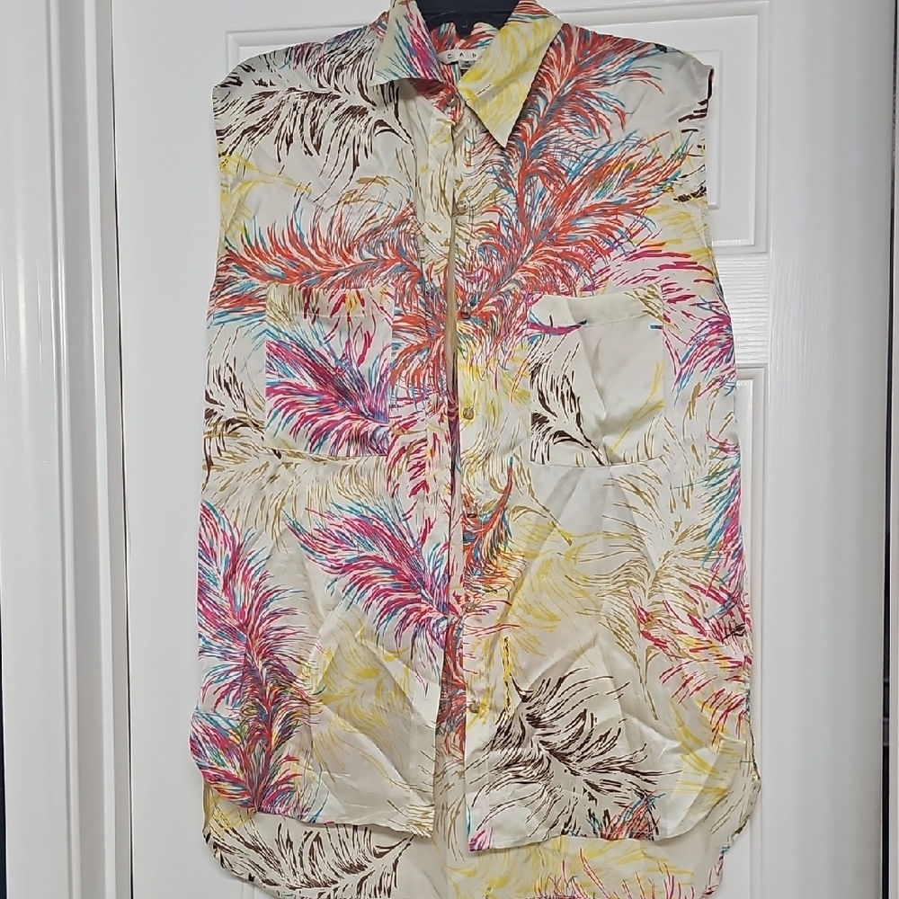 Cabi Colorful Feather Print Sleeveless Blouse